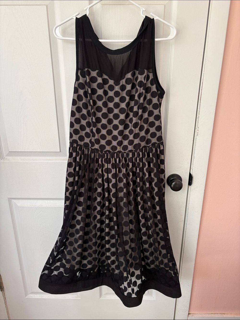 Sleeveless Black and Gray Polka Dot Midi Dress with Sheer Yoke